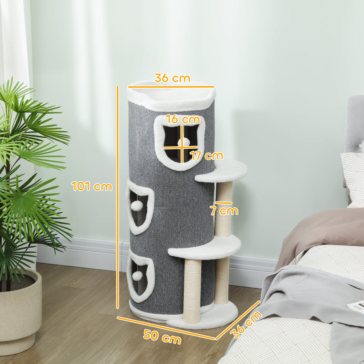 Tour pour chat à 4 niveaux arbre à chat stable avec griffoirs en sisal et bord en peluche 2 plateformes 50x36x101cm gris - Alma Nova Care