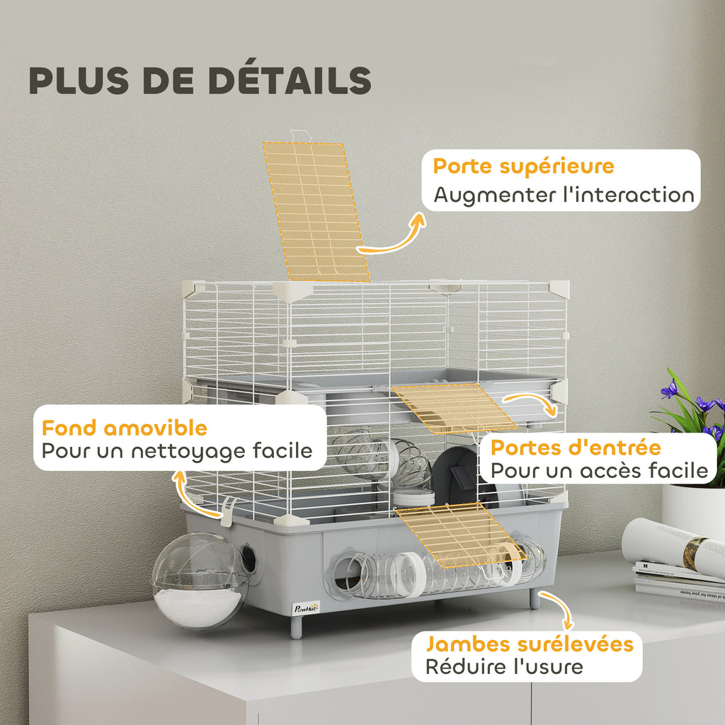 Cage pour hamster  à 2 niveaux avec roue de course salle de bain en sable pour hamster nain 44,5 x 28 x 44 cm gris