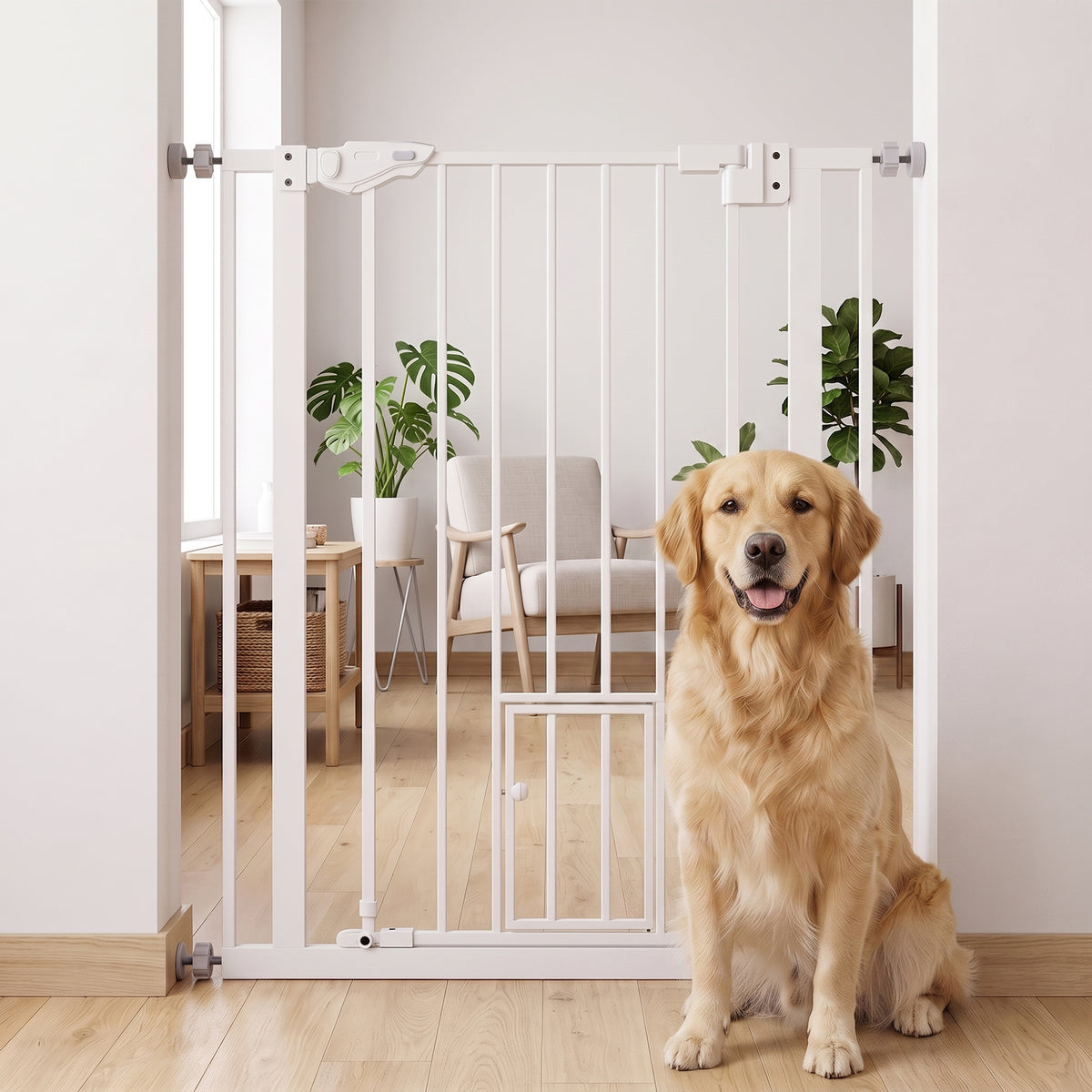 Barrière de sécurité animaux de 104H cm avec porte fermeture automatique système de double verrouillage sans percage