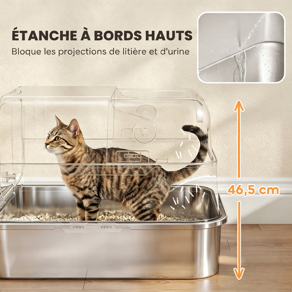 Maison de Toilette pour Chat XXL en Inox, Couvercle 90°, Double Porte, Filtre Frontal, Pelle, 70x50x46,5cm, Gris