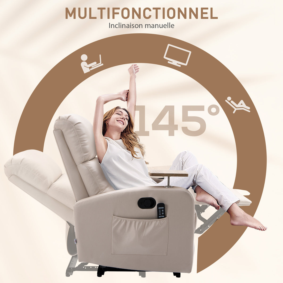 Fauteuil de relaxation fauteuil de massage inclinable avec Tablette, Poches latérales et Télécommande chaise TV