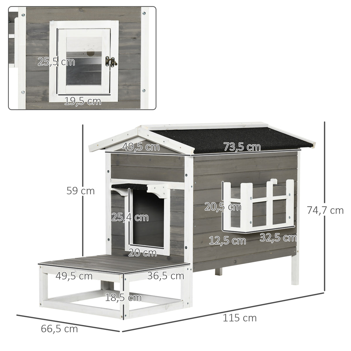 Maisonnette pour chats niche extérieure surélevé avec terrasse étanche en bois, dim. 115L x 66,5P x 74,7H cm, gris