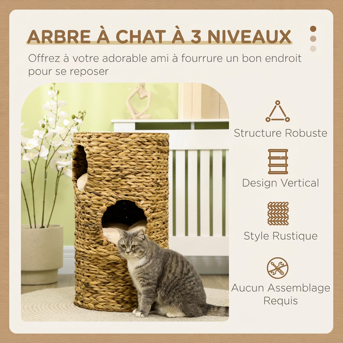 Tonneau à Gratter pour Chat 3 Niveaux, Coussins, Tressage en Jacinthe d'Eau, Cadre en Acier, Ø 40 x 73 cm, Marron Clair